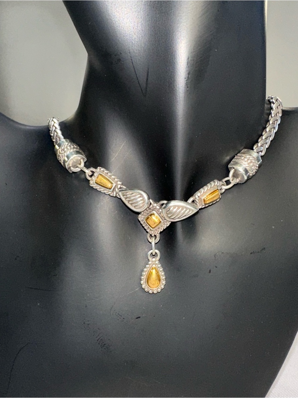 Brighton Vintage Silver Gold Mixed Metal Teardrop Necklace Braided Chain Rare